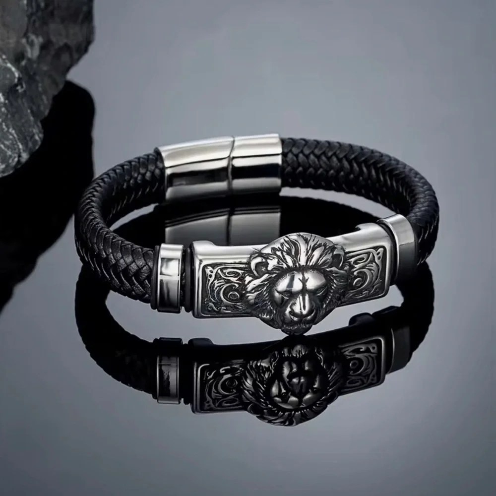 Lion Head Black Braided Leather Bracelet with Stainless Steel Accent